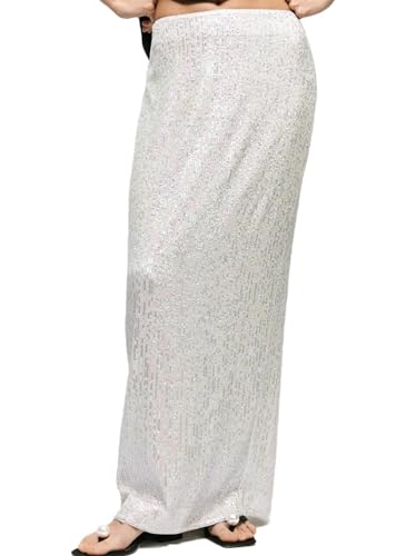 Onsoyours Pailletten Rock Damen Hohe Taille Glitzer Rock Maxi Skirt Bleistiftrock Glitzerrock mit Schlitz Einfarbig Casual Glitzer Pailettenrock für Party Club Karneval A Silber XL von Onsoyours