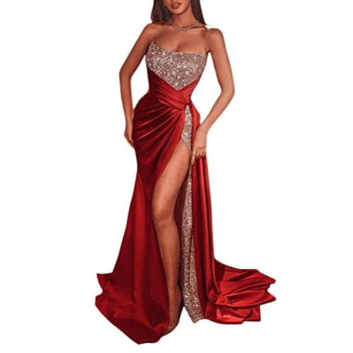 Onsoyours Paillettenkleid Damen Lang Maxikleid Kurzarme Party Cocktailkleider Elegant Abendkleider V Ausschnitt Sommer Trägerkleid mit Schlitz F Rot XL von Onsoyours