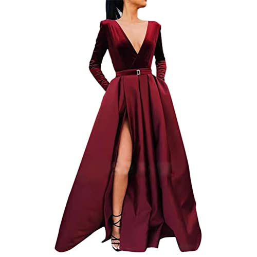 Onsoyours Paillettenkleid Damen Lang Maxikleid Kurzarme Party Cocktailkleider Elegant Abendkleider V Ausschnitt Sommer Trägerkleid mit Schlitz I Weinrot XXL von Onsoyours