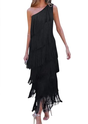 Onsoyours Partykleid Damen Fransen Abendklied Langes Kleider Sexy Schräge Schulter Abendklied Elegant Quaste Cocktailkleid Unregelmäßiges Maxikleid Ballkleid A Schwarz L von Onsoyours