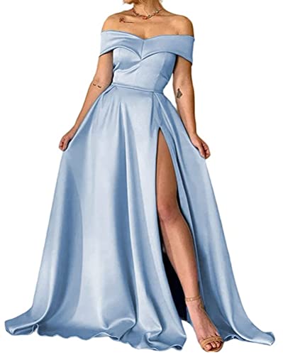 Onsoyours Partykleid Satin A Linie Ärmellos Schulterfrei Rückenfrei Sweetheart-Ausschnitt Kleid Lange Abendkleider Mit Taschen Freizeitkleid Maxikleid B Himmelblau XS von Onsoyours