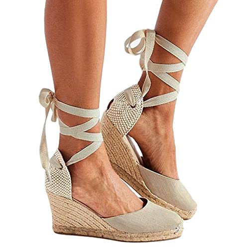 Onsoyours Plateau Sandalen Damen Espadrilles Casual Keilsandalen Frauen Sommer Faux Leder mit Knöchelriemen A Beige 38 EU von Onsoyours