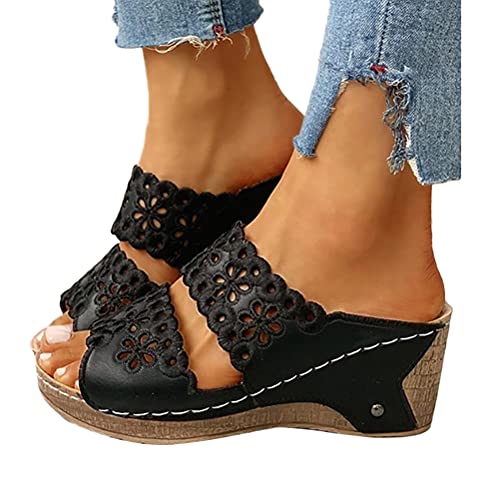 Onsoyours Plateau Sandalen Damen Sommer Keilabsatz Pantoletten Flach Geschlossene Slingback Wedges Sandaletten Halbschuhe Vintage Freizeit Offene Schuhe Boho Strandsandalen A Schwarz 41 EU von Onsoyours