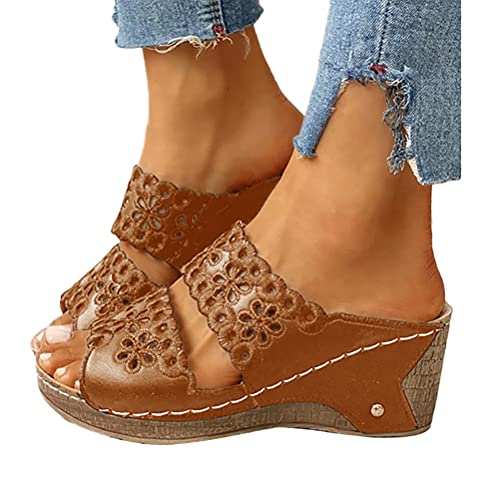 Onsoyours Plateau Sandalen Damen Sommer Keilabsatz Pantoletten Flach Geschlossene Slingback Wedges Sandaletten Halbschuhe Vintage Freizeit Offene Schuhe Strandsandalen A Braun 41 EU von Onsoyours