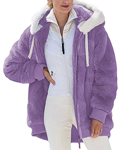 Onsoyours Plüschjacke Damen Fleecejacke Einfarbig Reißverschluss Revers Plüsch Mantel Casual Teddy Fleece Cardigan Warm Jacke Parka Outwear Frauen Mode Kurz Coat Winterjacke C Violett L von Onsoyours