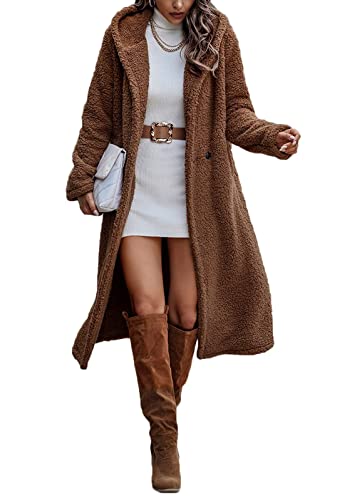 Onsoyours Plüschjacke Damen Lang Teddy Kapuzenmantel Winter Warm Kapuzenjacke Outwear Langarm Wintermantel Plüsch Mantel Mit Taschen A Kaffee MA von Onsoyours