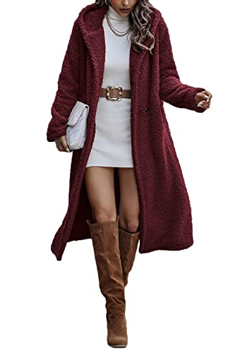 Onsoyours Plüschjacke Damen Lang Teddy Kapuzenmantel Winter Warm Kapuzenjacke Outwear Langarm Wintermantel Plüsch Mantel Mit Taschen A Weinrot S von Onsoyours