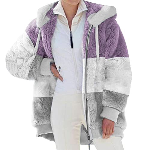 Onsoyours Plüschjacke Damen Teddy mit Kapuze Kurz Lang Flauschig Elegant Plüschmantel Plüsch Oberbekleidung für Winter Kunstpelzjacke Hoodie Wintermantel Fleecejacke 02 Violett XL von Onsoyours