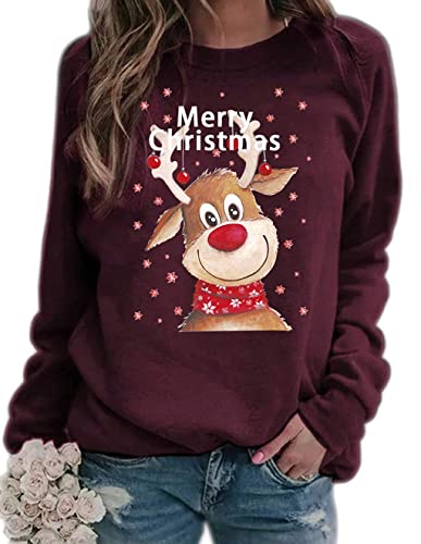 Onsoyours Pullover Damen, Teenager Mädchen Weihnachtspulli Rudolph Rentier Elfe Weihnachtspullover Just Hanging with My Gnomies Weihnachtsmann Christmas Sweatshirt Xmas Pulli Shirt A Weinrot 3XL von Onsoyours