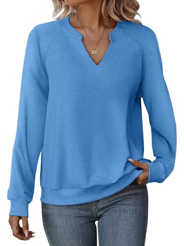 Onsoyours Pullover Damen Herbst V Ausschnitt Sweatshirt Ohne Kapuze Casual Elegant Basic Langarmshirt A Blau S von Onsoyours