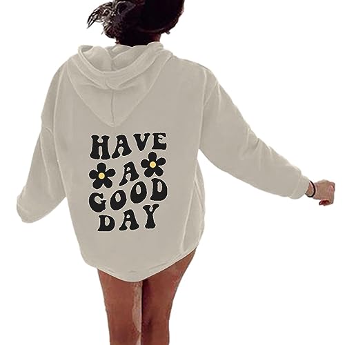 Onsoyours Pullover Damen Hoodies Have A Good Day Letter Print Langarm Rundhals Pulli Herbst Winter Frauen Locker Casual Oberteil 90er Y2K E-Girl Streetwear Sweatshirts mit Kapuze Bluse Tops A Weiß M von Onsoyours