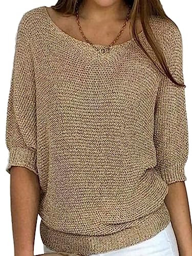 Onsoyours Pullover Damen Langarmshirts Basic Strickpullover Damen Langarm Oberteile Damen Sweatshirt Lässig Tunika Einfarbig Pulli Herbst Winter A Khaki 3XL von Onsoyours