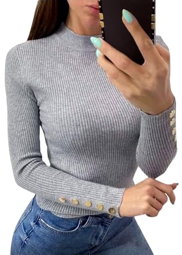 Onsoyours Pullover Damen Rollkragen Winter Dünn Strickpullover Stehkragen Strickpulli Sweatshirt Basic Rundhals Tunika Tops Elegant Slim Fit Langarmshirt Casual Knopf Oberteile B Grau S von Onsoyours