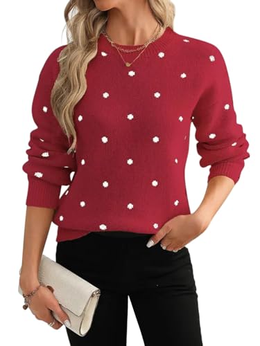 Onsoyours Pullover Damen Strickpullover Winter Elegant Rundhals Pulli Polka Dots Langarm Strickpulli Herbst Sweater A Rot S von Onsoyours