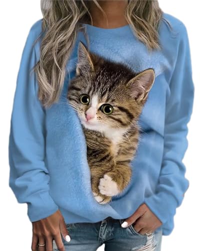 Onsoyours Pullover Damen Sweatshirt Herbst Winter Frauen Drucken Langarm Kapuzenpullover mit Katze Motiv Hemd Locker Casual Oberteil Bedruckte Tops Sweatshirts Bluse Streetwear 01 Blau XL von Onsoyours