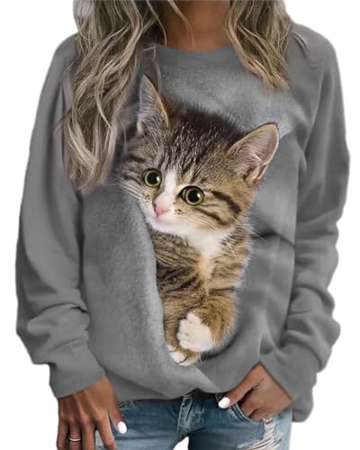 Onsoyours Pullover Damen Sweatshirt Herbst Winter Frauen Drucken Langarm Kapuzenpullover mit Katze Motiv Hemd Locker Casual Oberteil Bedruckte Tops Sweatshirts Bluse Streetwear 01 Grau 3XL von Onsoyours