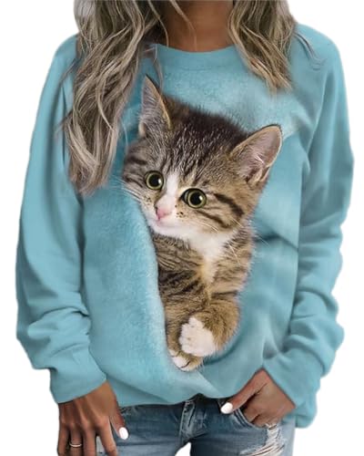Onsoyours Pullover Damen Sweatshirt Herbst Winter Frauen Drucken Langarm Kapuzenpullover mit Katze Motiv Hemd Locker Casual Oberteil Bedruckte Tops Sweatshirts Bluse Streetwear 01 Hellblau XL von Onsoyours