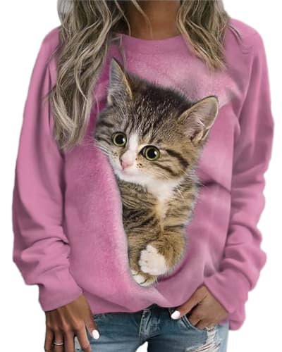 Onsoyours Pullover Damen Sweatshirt Herbst Winter Frauen Drucken Langarm Kapuzenpullover mit Katze Motiv Hemd Locker Casual Oberteil Bedruckte Tops Sweatshirts Bluse Streetwear 01 Rosa 3XL von Onsoyours