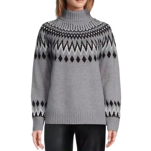 Onsoyours Pullover Damen Vintage Jacquard Strickpullover Mit Stehkragen Warmer Bunt Sweater Casual Elegant Langarm Loose Sweatshirt Pullis Frauen Jumper Oberteile Winter A Grau XXL von Onsoyours