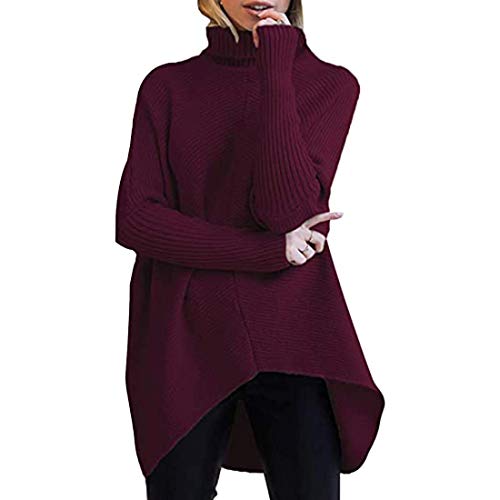Onsoyours Pullover Damen Warm Asymmetrische Strickpullover lose Pullis Rollkragenpullover Solid Wrap Gestrickt Langarm Oberteil Rollkragen Outwear Weinrot XL von Onsoyours