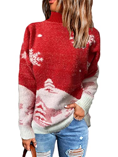 Onsoyours Pullover Damen Warme Strickpullover Weihnachten Pulli Schneeflocke Muster Rundhals Langarmshirt Causal Strick Sweater Sweatshirt Xmas Oberteil C Rot M von Onsoyours