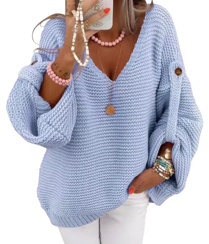 Onsoyours Pullover Damen Winter V-Ausschnitt Büro Strickpullover Elegant Lockerer Frauen Knopf Langarmshirt Strickpulli Sweater Grobstrick Dicke Obertiele Casual Warm Tops A Blau XL von Onsoyours