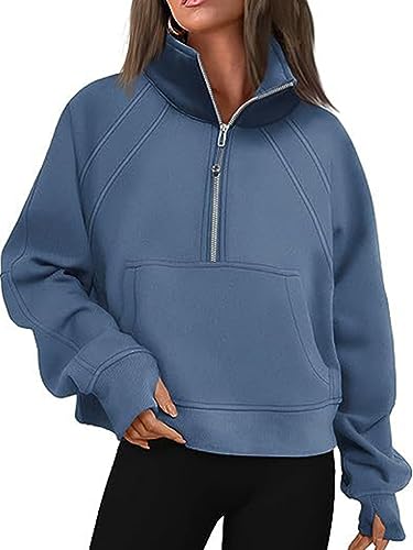 Onsoyours Pullover mit Halbem Reißverschluss Kapuzenpullover mit Fleecefutter Langarm Crop Tops Basic Zip Up Hoodie Pullover Winter Damen Oberteile A Blau XS von Onsoyours