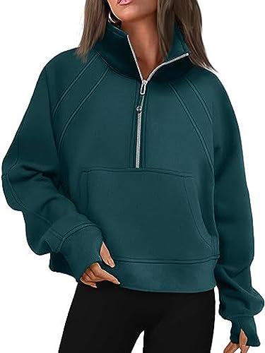 Onsoyours Pullover mit Halbem Reißverschluss Kapuzenpullover mit Fleecefutter Langarm Crop Tops Basic Zip Up Hoodie Pullover Winter Damen Oberteile A Dunkelgrün S von Onsoyours