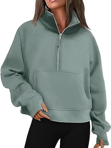 Onsoyours Pullover mit Halbem Reißverschluss Kapuzenpullover mit Fleecefutter Langarm Crop Tops Basic Zip Up Hoodie Pullover Winter Damen Oberteile A Hellgrün M von Onsoyours