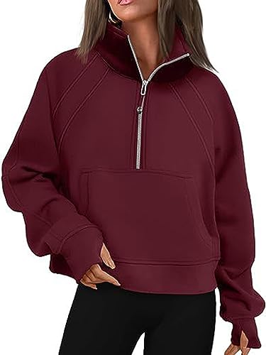 Onsoyours Pullover mit Halbem Reißverschluss Kapuzenpullover mit Fleecefutter Langarm Crop Tops Basic Zip Up Hoodie Pullover Winter Damen Oberteile A Weinrot S von Onsoyours