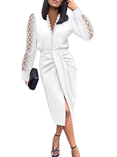 Onsoyours Pulloverkleid Damen V-Ausschnitt Einfarbig Partykleid Elegant Etuikleider Festliches Cocktail Bleistiftkleid Business Kleider D Weiß S von Onsoyours