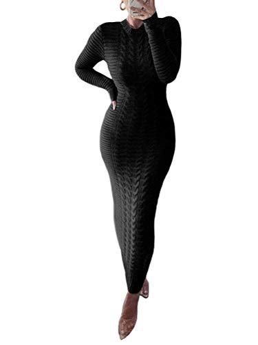 Onsoyours Pulloverkleid Damen Winter Kleider Elegant Strickkleid Casual Rundhals Langarm Sweater Kleid Einfarbig Jumper Maxikleid Warme Wickelkleid (M, B Schwarz) von Onsoyours