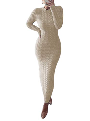 Onsoyours Pulloverkleid Damen Winter Kleider Elegant Strickkleid Casual Rundhals Langarm Sweater Kleid Einfarbig Jumper Maxikleid Warme Wickelkleid B Beige 2XL von Onsoyours