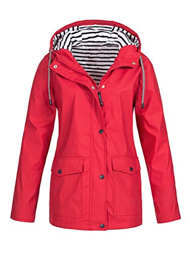 Onsoyours Regenmantel Damen Outdoor Plus Solide Wasserdichter Kapuzenjacke Regenjacke für Damen Outdoorjacken Wasserdichter Regenmantel mit Kapuze Windproof A Rot 46 von Onsoyours