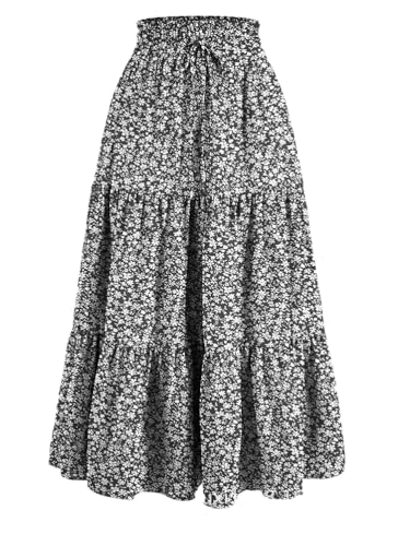 Onsoyours Rock Damen Hohe Taille Elastisch Blumen Röcke A-Linie Maxirock Boho Strandrock Sommerrock A Schwarz M von Onsoyours