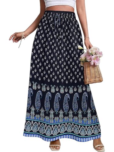 Onsoyours Röcke Damen Sommer Rock Lang Maxirock A-Linie Sommerrock Hohe Taille Elastisch Boho Strandrock A3 XL von Onsoyours