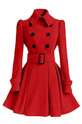 Onsoyours Rot Mit Bindegürtel Umlegekragen Langarm Peplum WollMantel Winter Warme Ausgestellter Tweed Mantel Damen Mode XXL von Onsoyours