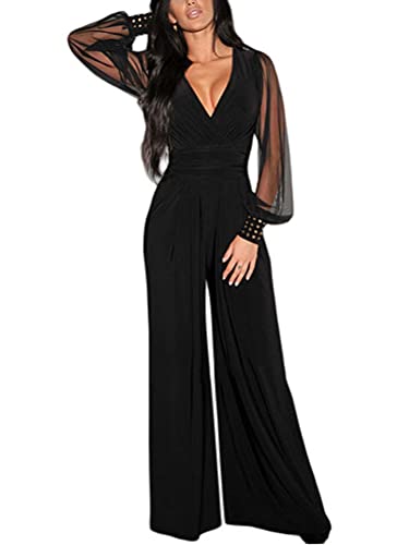 Onsoyours Rüschen One Shoulder Hohe Taille Elegante Damen Weite Lang Jumpsuit Hosenanzug Mode C Schwarz 3XL von Onsoyours