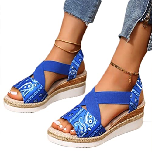 Onsoyours Sandalen Damen Casual Plateau Keilsandalen Frauen Elastische Sandaletten Keilabsatz Sommerschuhe Mode Peep Toe Strand Platform Knöchelriemen Sandalen A Blau 38 EU von Onsoyours