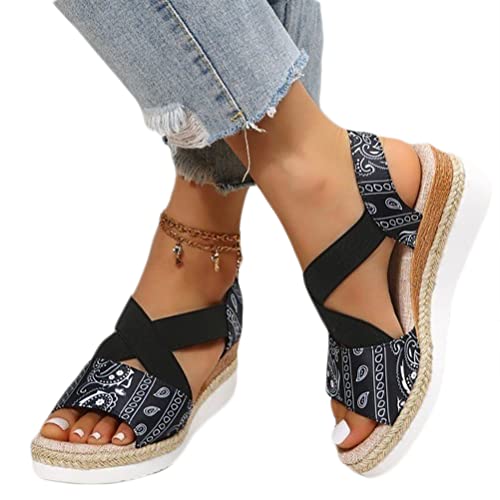 Onsoyours Sandalen Damen Casual Plateau Keilsandalen Frauen Elastische Sandaletten Keilabsatz Sommerschuhe Mode Peep Toe Strand Platform Knöchelriemen Sandalen A Schwarz 37 EU von Onsoyours