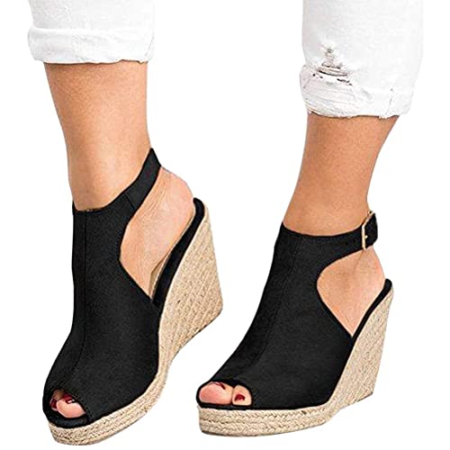 Onsoyours Sandalen Damen Espadrilles Keilabsatz Wedges Schuhe Mit Absatz Sandaletten Strandschuhe Riemchensandalen Schwarz 38 EU von Onsoyours