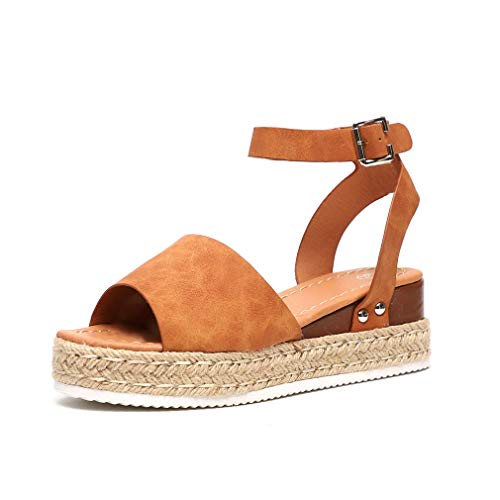 Onsoyours Sandalen Damen Espadrilles Plateau Keilabsatz Offener Zeh Espadrilles Frauen Knöchel Schnalle Strandschuhe Riemchensandalen Absatz Braun 38 EU von Onsoyours