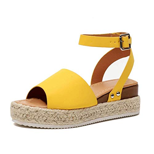 Onsoyours Sandalen Damen Espadrilles Plateau Keilabsatz Offener Zeh Espadrilles Frauen Knöchel Schnalle Strandschuhe Riemchensandalen Absatz Gelb 37 EU von Onsoyours