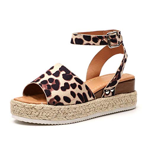 Onsoyours Sandalen Damen Espadrilles Plateau Keilabsatz Offener Zeh Espadrilles Frauen Knöchel Schnalle Strandschuhe Riemchensandalen Absatz Leopard 38 EU von Onsoyours