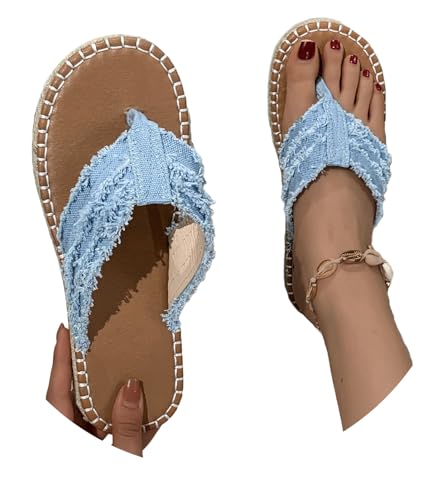 Onsoyours Sandalen Damen Flach Strand Bohemian Sandalen Zehentrenner Freizeit Sommerschuhe Slippers Flip Flop Strandsandalen B Blau 38 EU von Onsoyours