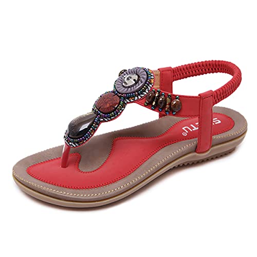 Onsoyours Sandalen Damen Flach Strand Bohemian Sandalen mit Strass Zehentrenner Freizeit Sommerschuhe D Rot 37 EU von Onsoyours