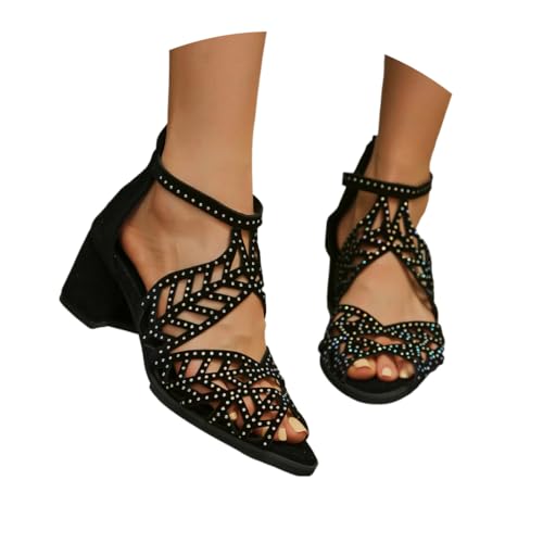 Onsoyours Sandalen Damen Glitzer Strass Sandaletten mit Blockabsatz Reißverschluss Plateau Sommer Frauen Schuhe Fischmaul Elegant Bequem Strandschuhe Abendschuhe A Schwarz 43 EU von Onsoyours