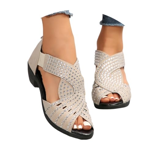 Onsoyours Sandalen Damen Glitzer Strass Sandaletten mit Blockabsatz Reißverschluss Plateau Sommer Frauen Schuhe Fischmaul Elegant Bequem Strandschuhe Abendschuhe B Beige 38 EU von Onsoyours