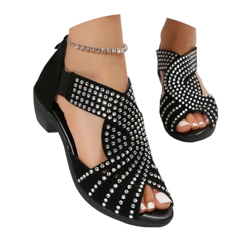 Onsoyours Sandalen Damen Glitzer Strass Sandaletten mit Blockabsatz Reißverschluss Plateau Sommer Frauen Schuhe Fischmaul Elegant Bequem Strandschuhe Abendschuhe B Schwarz 38 EU von Onsoyours