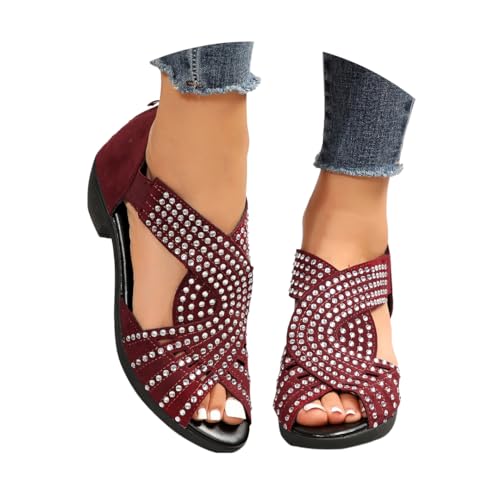 Onsoyours Sandalen Damen Glitzer Strass Sandaletten mit Blockabsatz Reißverschluss Plateau Sommer Frauen Schuhe Fischmaul Elegant Bequem Strandschuhe Abendschuhe B Weinrot 40 EU von Onsoyours